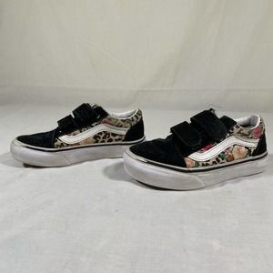 Vans Old Skool Girls Kids 11 Leopard Floral Velcro Closure Suede Black Shoes